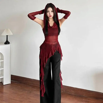 Grunge Mesh Hoodie β Irregular Hem in Crimson Red