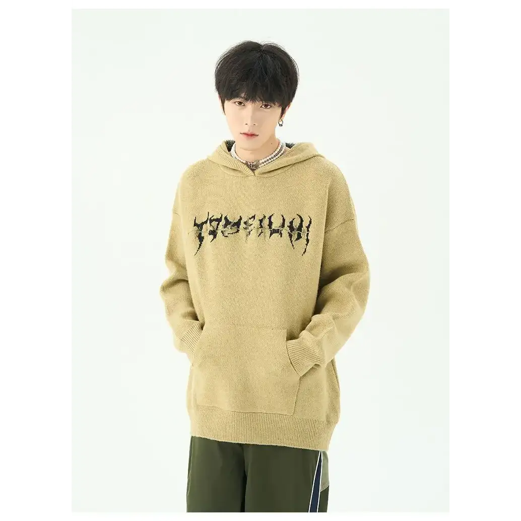 Tan hooded sweatshirt with black centipede embroidery, perfect for gothic streetwear