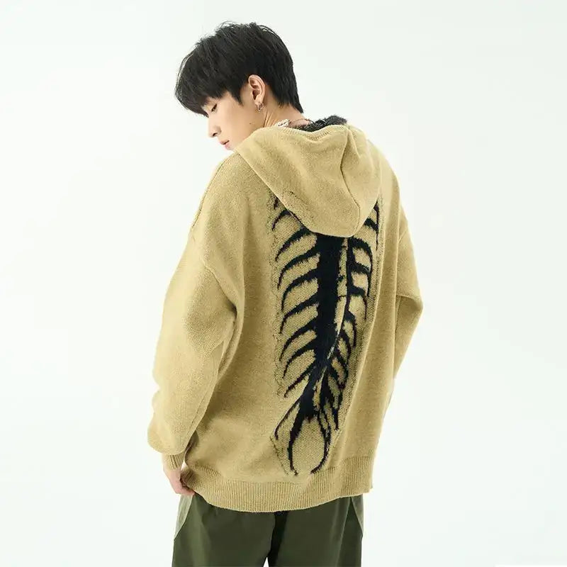Tan hooded sweater with black spine design from Centipede Embroidered Hoodie gothic streetwear collection