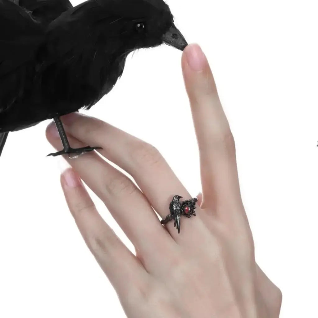 Crimson‑eyed Raven Ring – Matte Black Gothic Talon Band with Red Stone | Zenith Threads Co. by Free Shipping