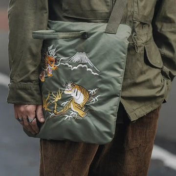 Dragon & Tiger Embroidered Shoulder Bag – Sage Green