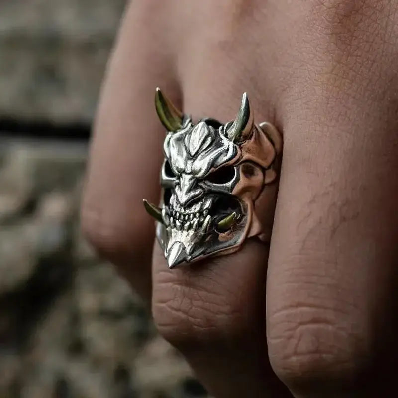 Prajna Mask Ring – Oni Forged Adjustable Band | Demonic Silver / Resizable | Streetwear