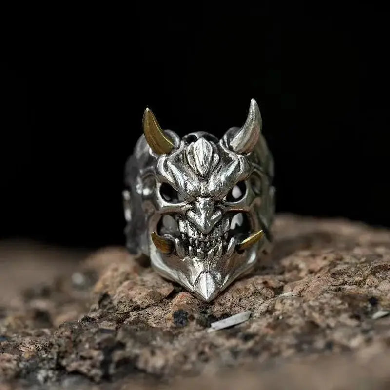 Prajna Mask Ring – Oni Forged Adjustable Band | Demonic Silver / Resizable | Streetwear