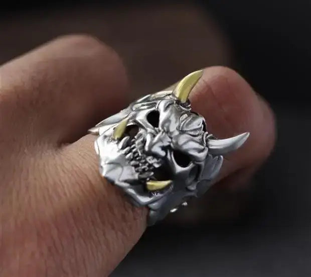 Prajna Mask Ring – Oni Forged Adjustable Band | Demonic Silver / Resizable | Streetwear