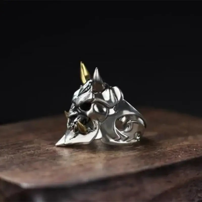 Prajna Mask Ring – Oni Forged Adjustable Band | Demonic Silver / Resizable | Streetwear