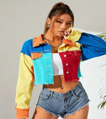 Spectrum Riot Jacket – Colorblock Raw-hem Denim | Mixed Color / S(4) | Streetwear