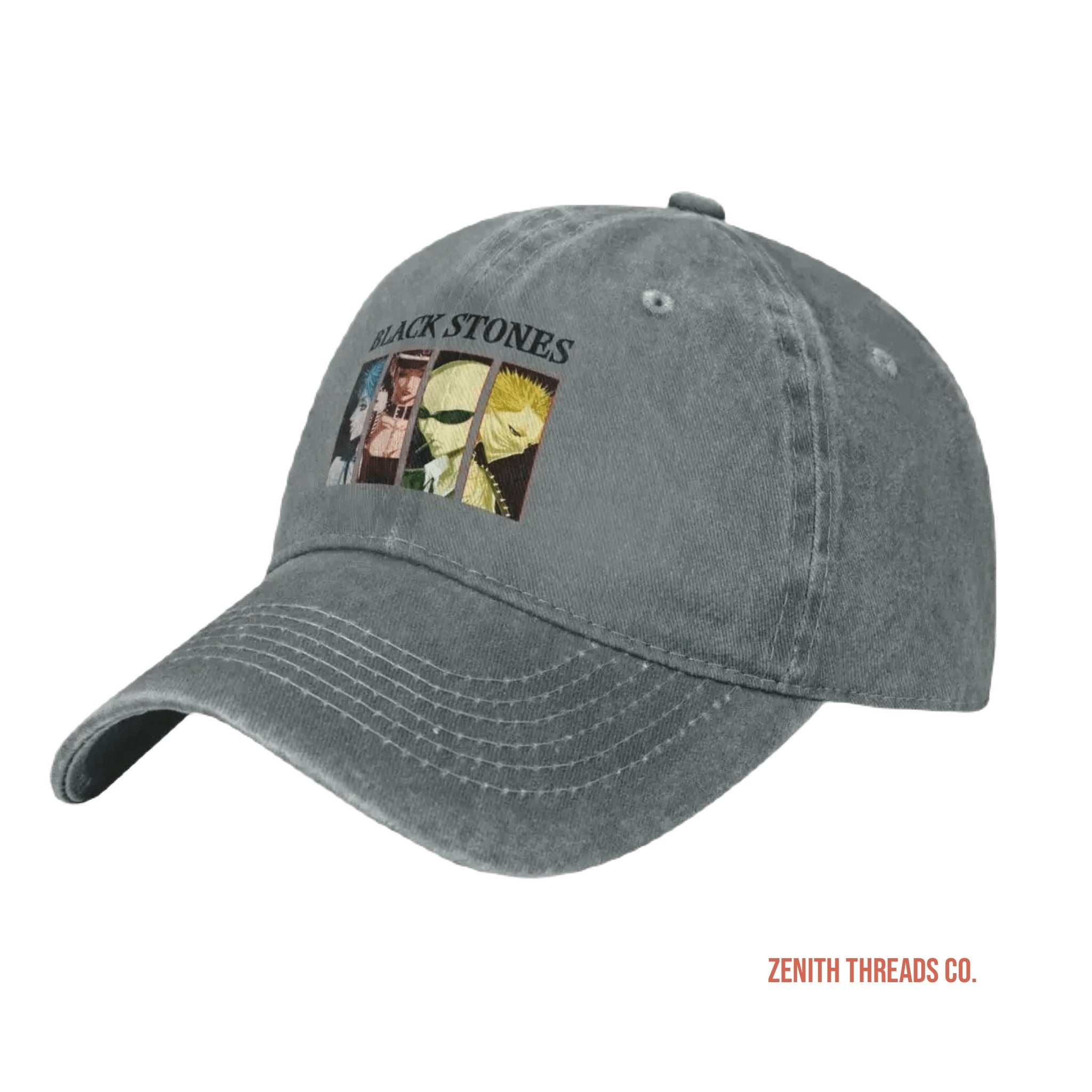 Gray baseball cap with an anime character design patch on the front.