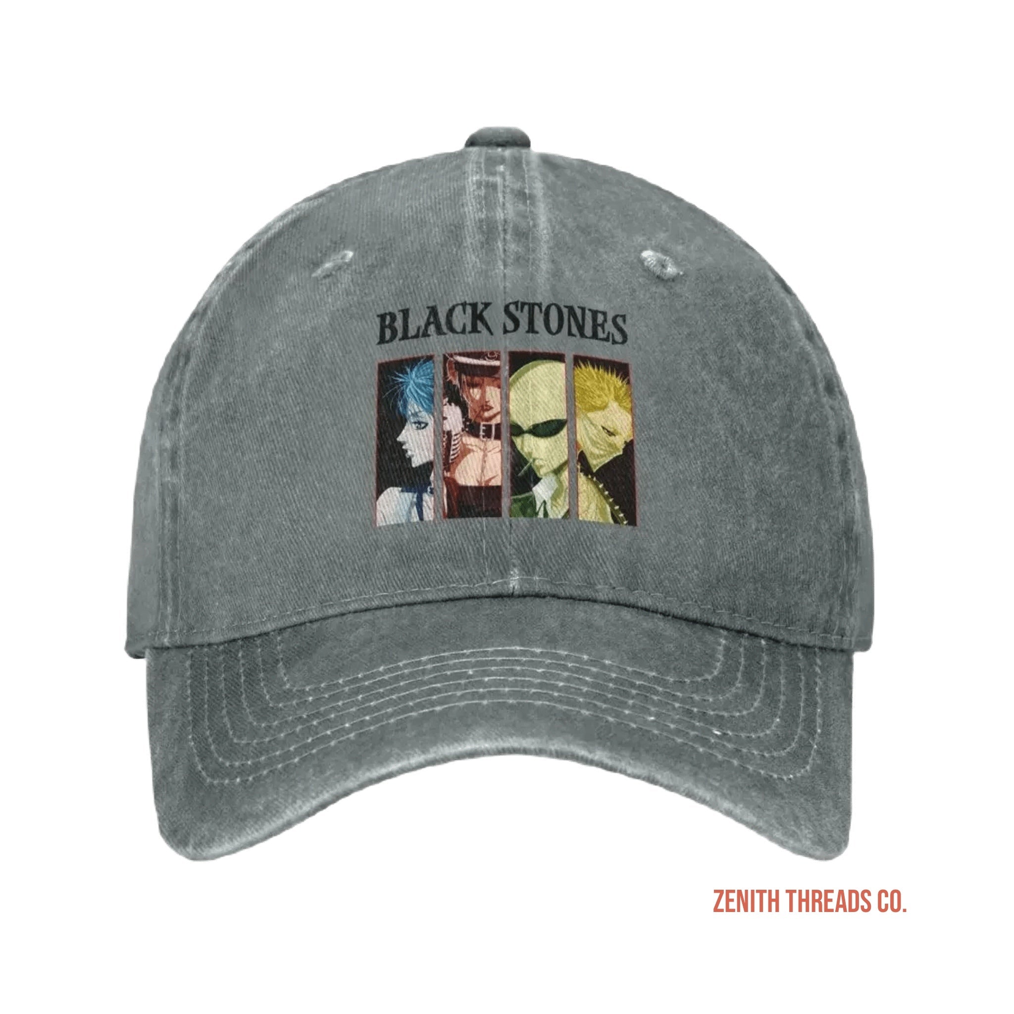 Gray baseball cap featuring a ’Black Stones’ graphic design with colorful character panels.