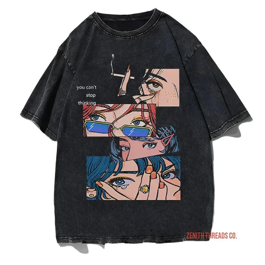 Black t-shirt featuring anime-style artwork panels showing eyes and sunglasses with text ’you can’t stop me.’