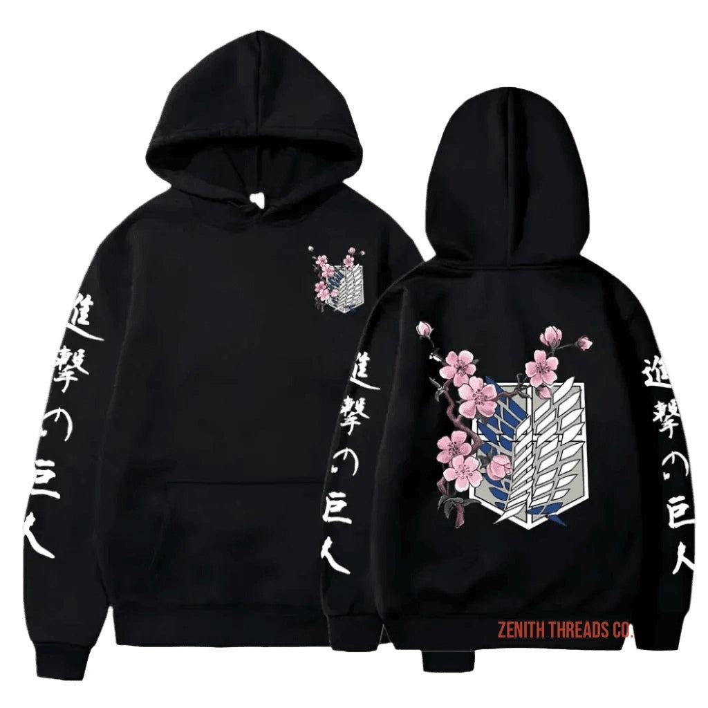 Black hoodie with Japanese text and cherry blossom design featuring the Survey Corps wings emblem from Attack on Titan.