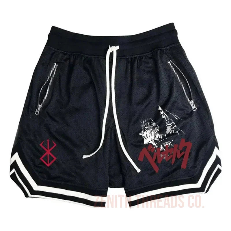 Black athletic shorts with white stripes, zipper pockets, and graphic designs.