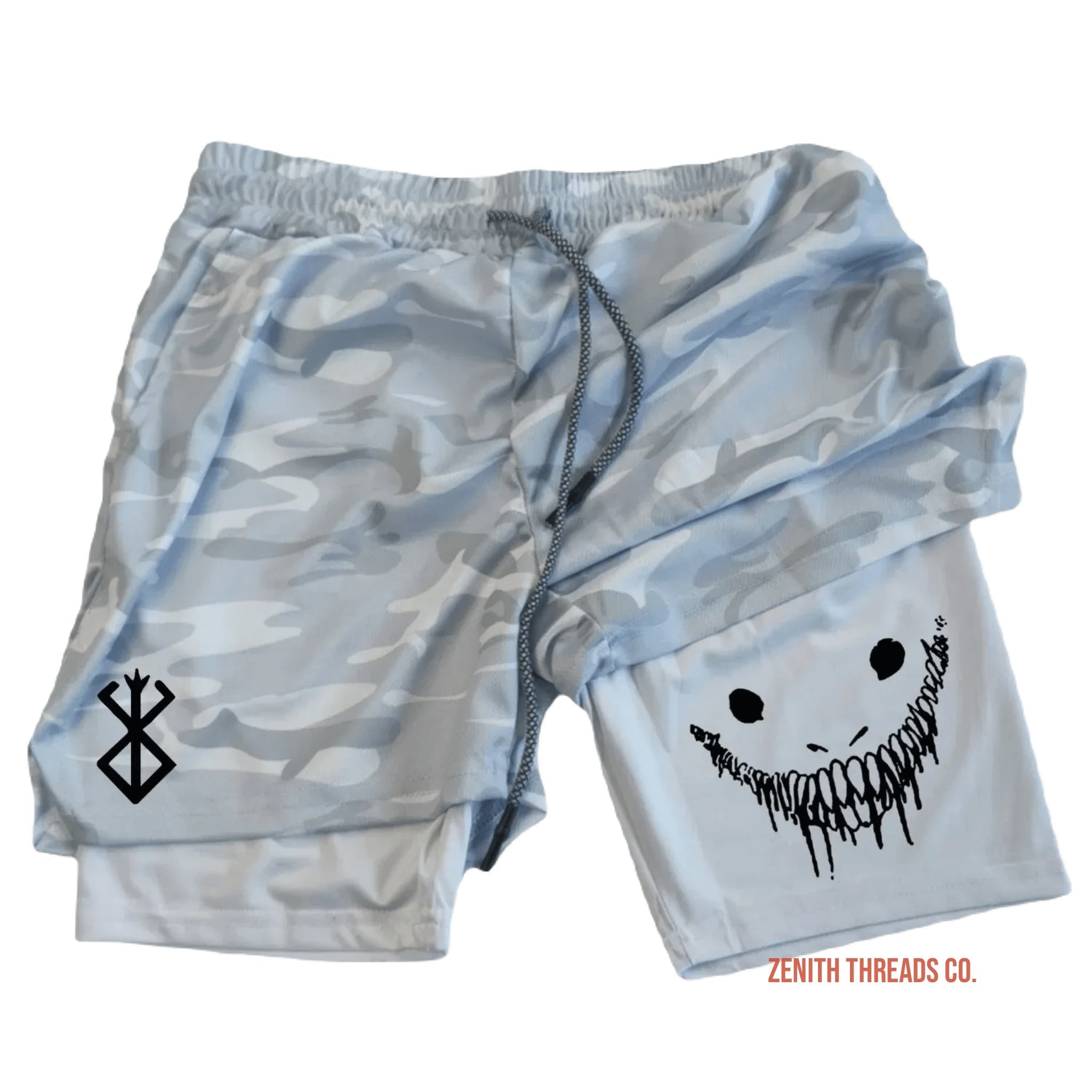 Light gray camouflage shorts with a dark graphic design on the side.