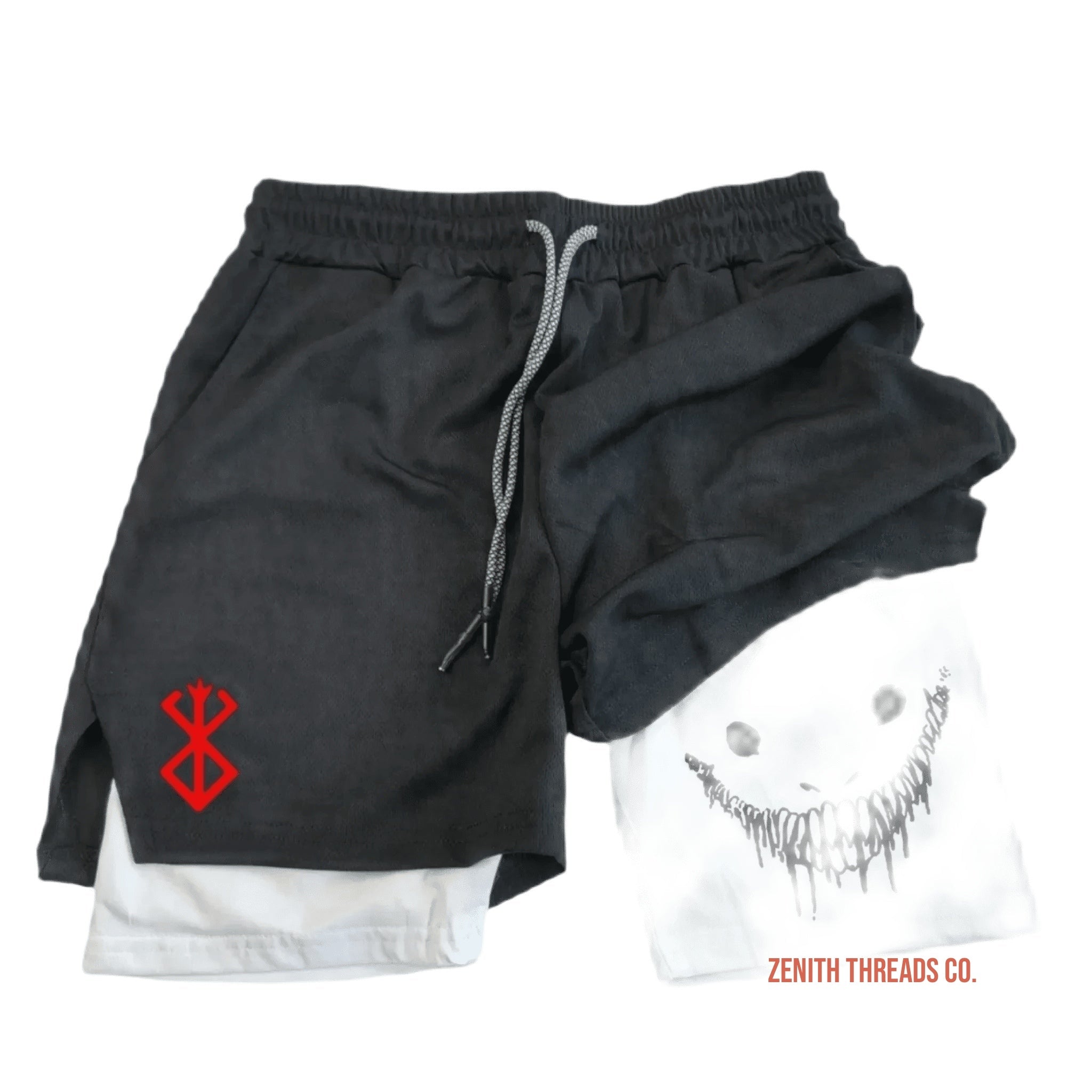 Black athletic shorts with white trim and a red logo on the side.