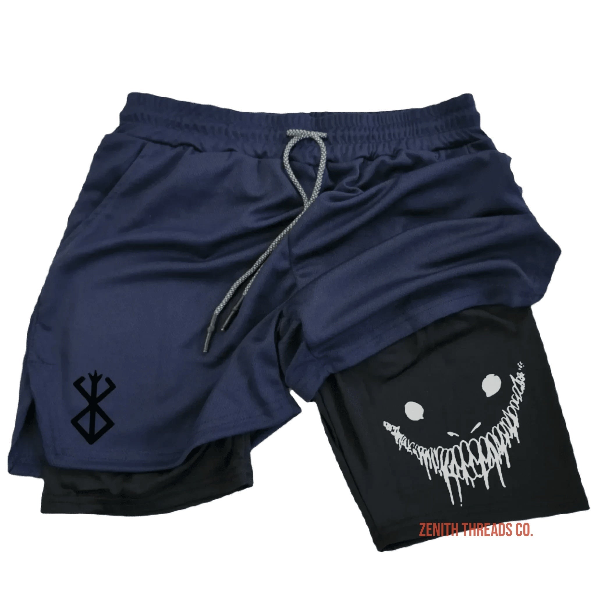 Navy blue athletic shorts with a black underlayer and a creepy smiling face design on the side.