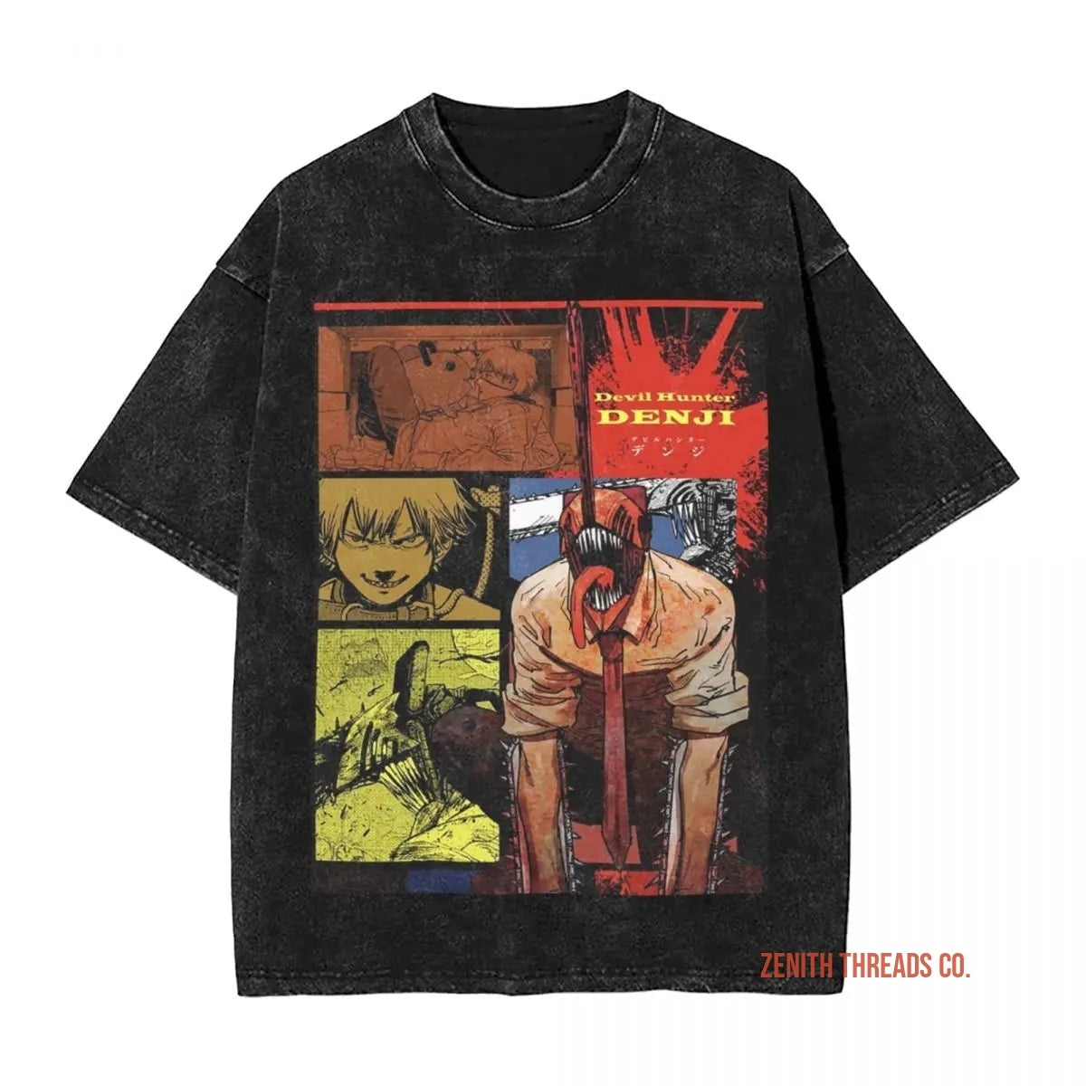 Black graphic t-shirt featuring manga-style artwork panels in red, brown and yellow tones.