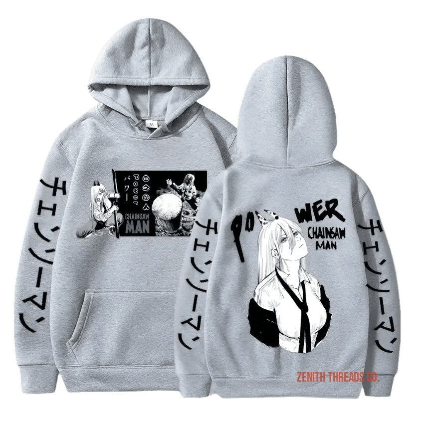 Light gray hoodie with manga-style artwork printed on the front and back.