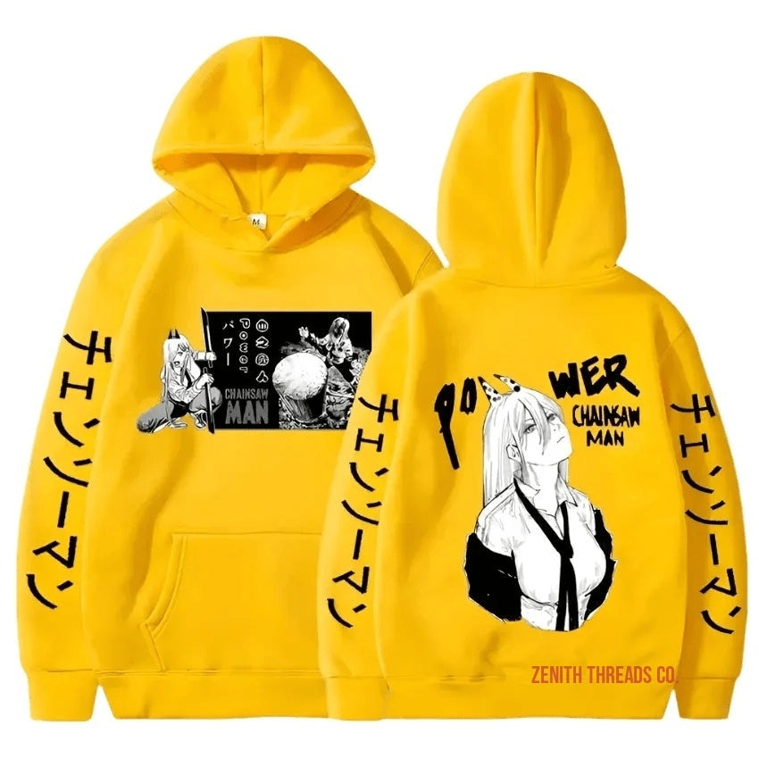 Yellow hoodie with black and white manga-style artwork printed on front and back.