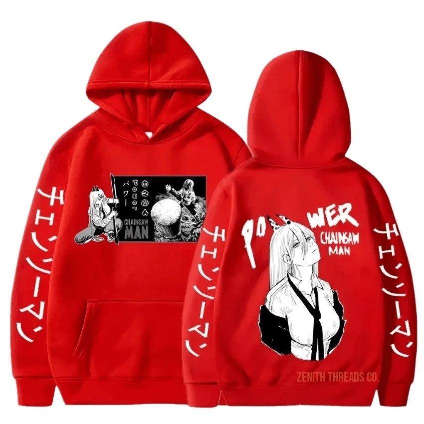 Red hoodie with black and white anime-style artwork and Japanese text printed on front and back.