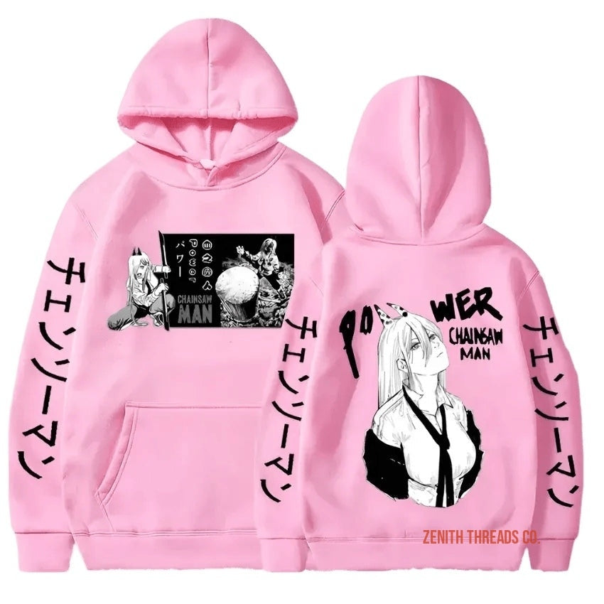 Pink hoodie with Japanese anime-style artwork and text printed on front and back.