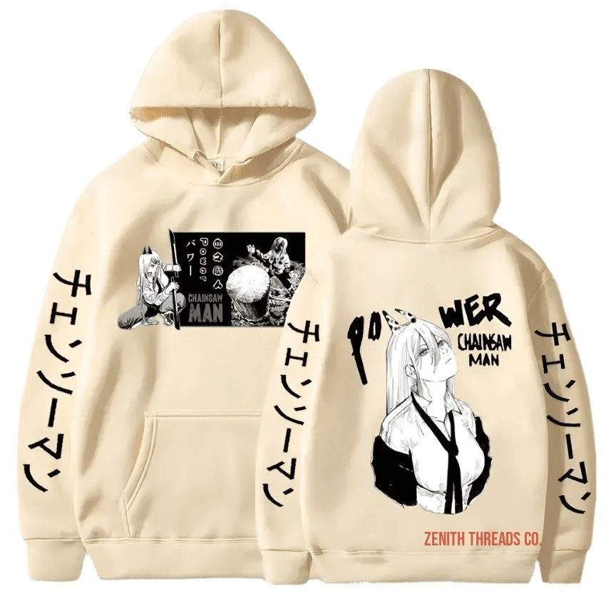 Beige hoodie with manga-style artwork and Japanese text printed on front and back.