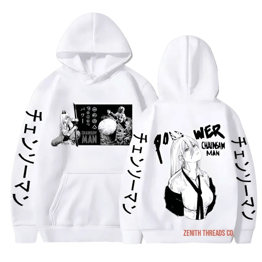 White hoodie with manga/anime-style artwork and Japanese text printed on it.