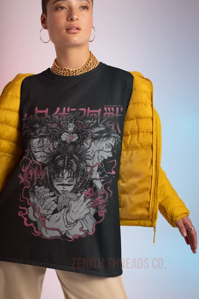 Black graphic t-shirt with anime-style artwork worn with yellow puffer sleeves.