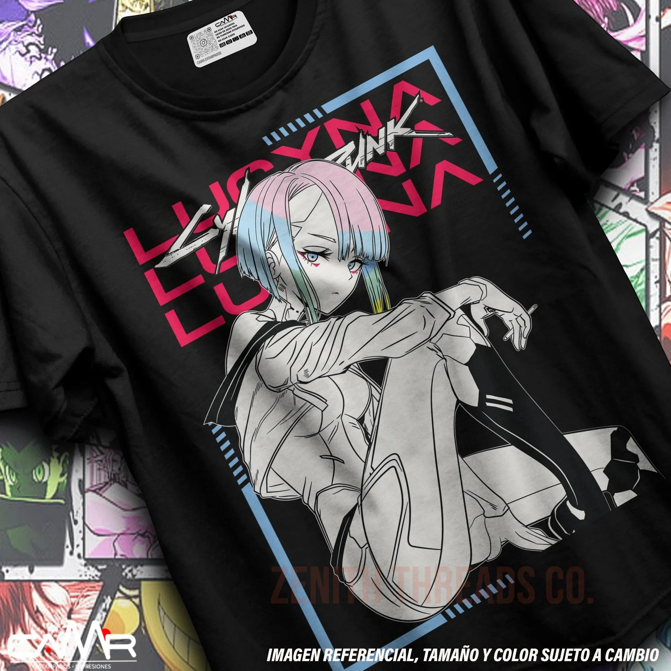 Black t-shirt featuring anime-style artwork with pink and blue geometric accents.