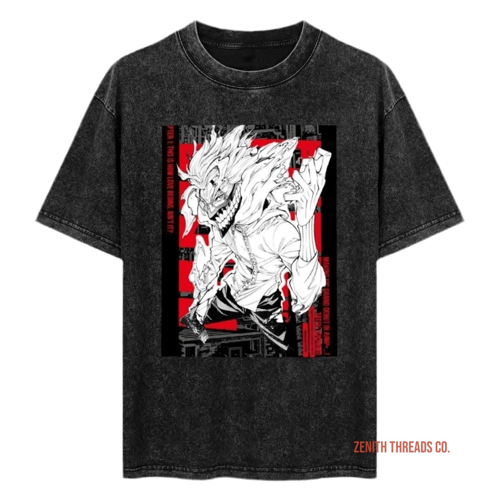 Black t-shirt featuring a dramatic manga-style illustration with red and white accents.