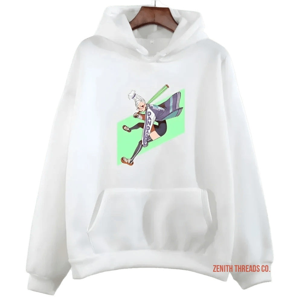 White hoodie with an animated character graphic on the front and a front pocket.