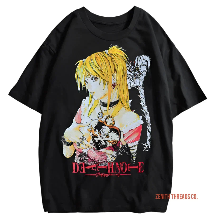 Black t-shirt featuring anime-style artwork with a blonde character and Japanese text.