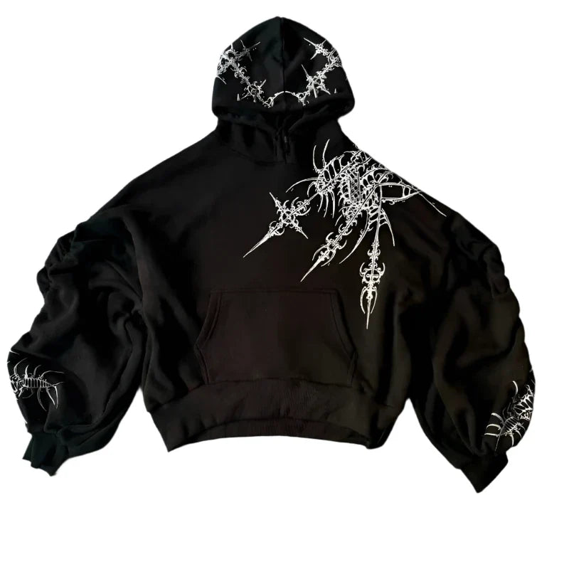 Black hoodie with white tribal-style graphic designs on the hood and sleeves.