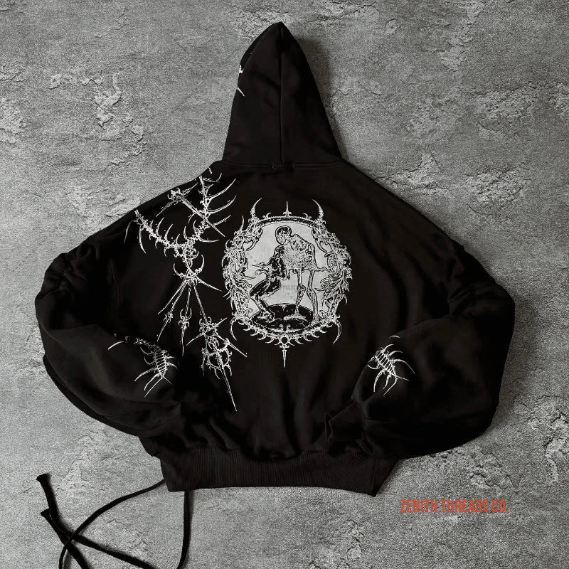 Black hoodie with gothic-style artwork featuring spiders and circular design on the back.