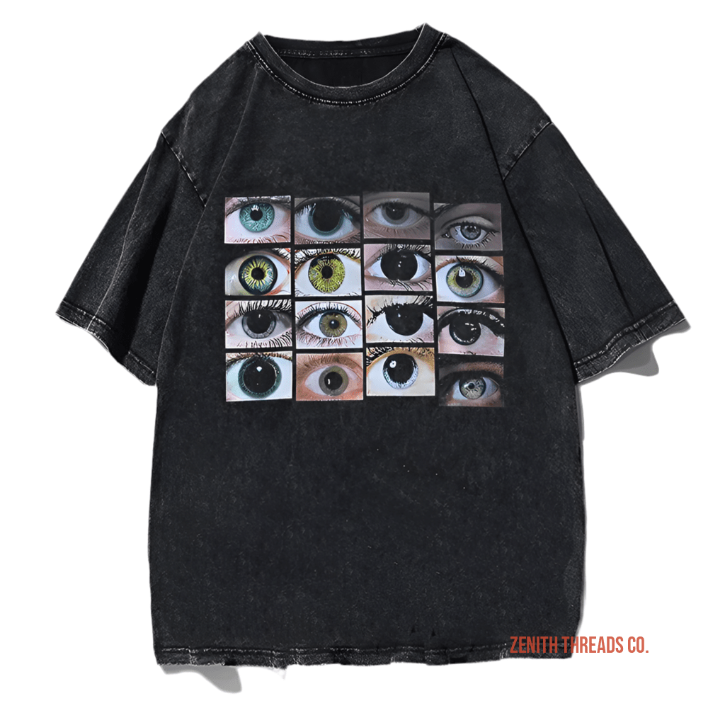 Black t-shirt featuring a grid of different colored eye photographs.