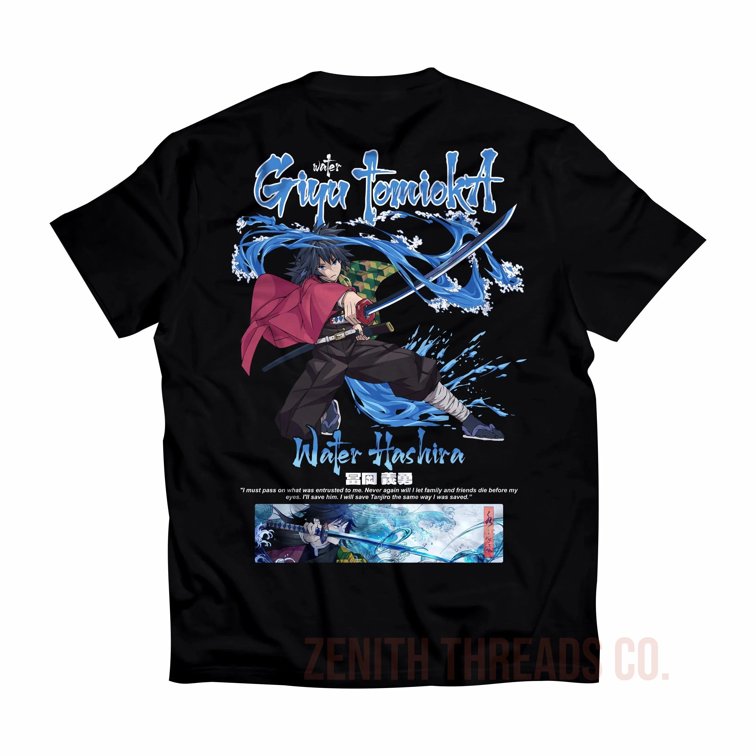 Black t-shirt featuring anime-style artwork with blue and pink accents and Japanese text.