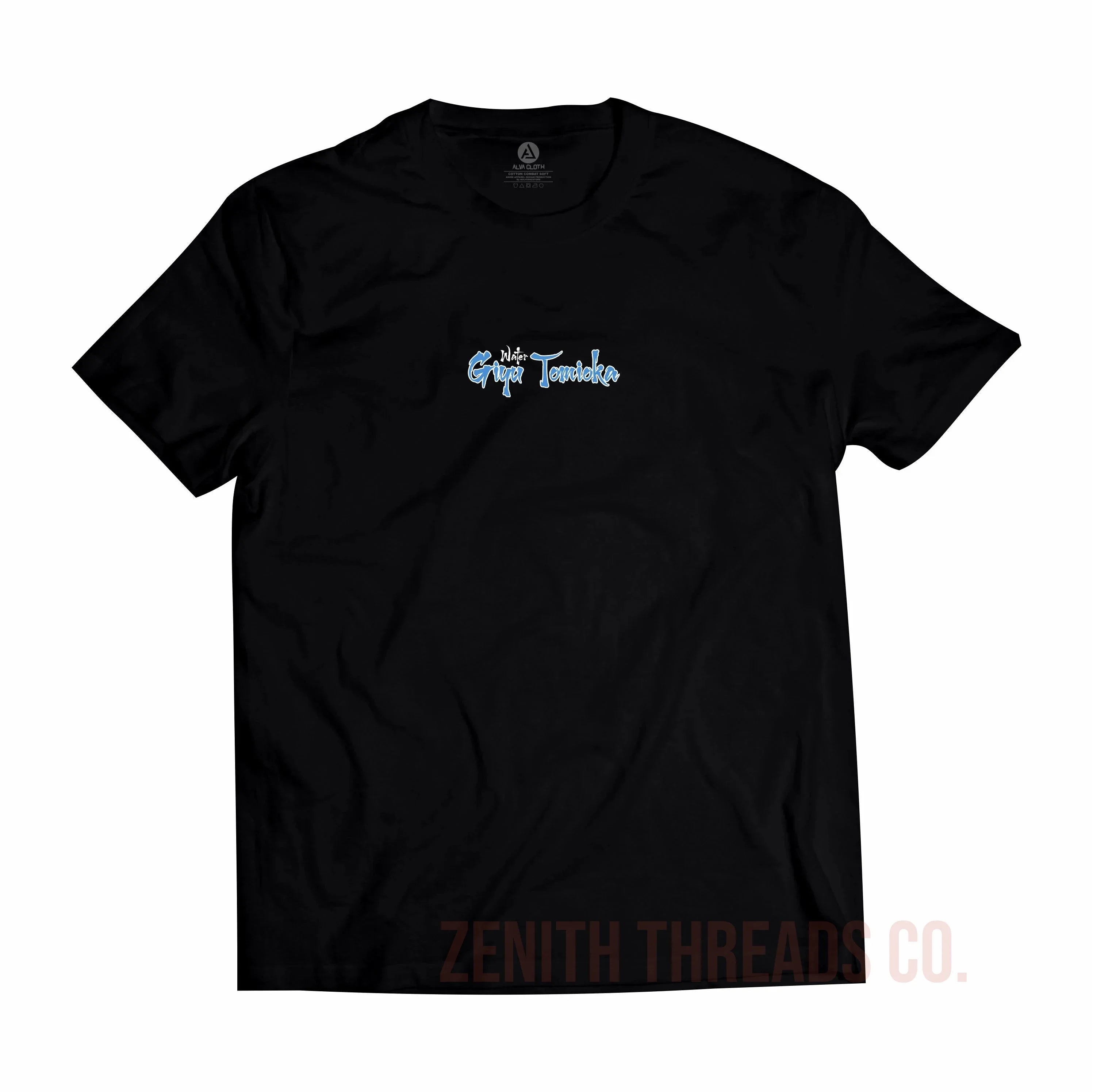 Black t-shirt with light blue text graphic on the front.