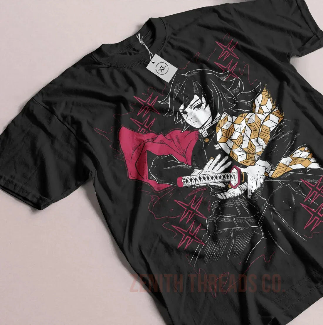 Black t-shirt featuring anime-style artwork of a character playing a keyboard instrument.