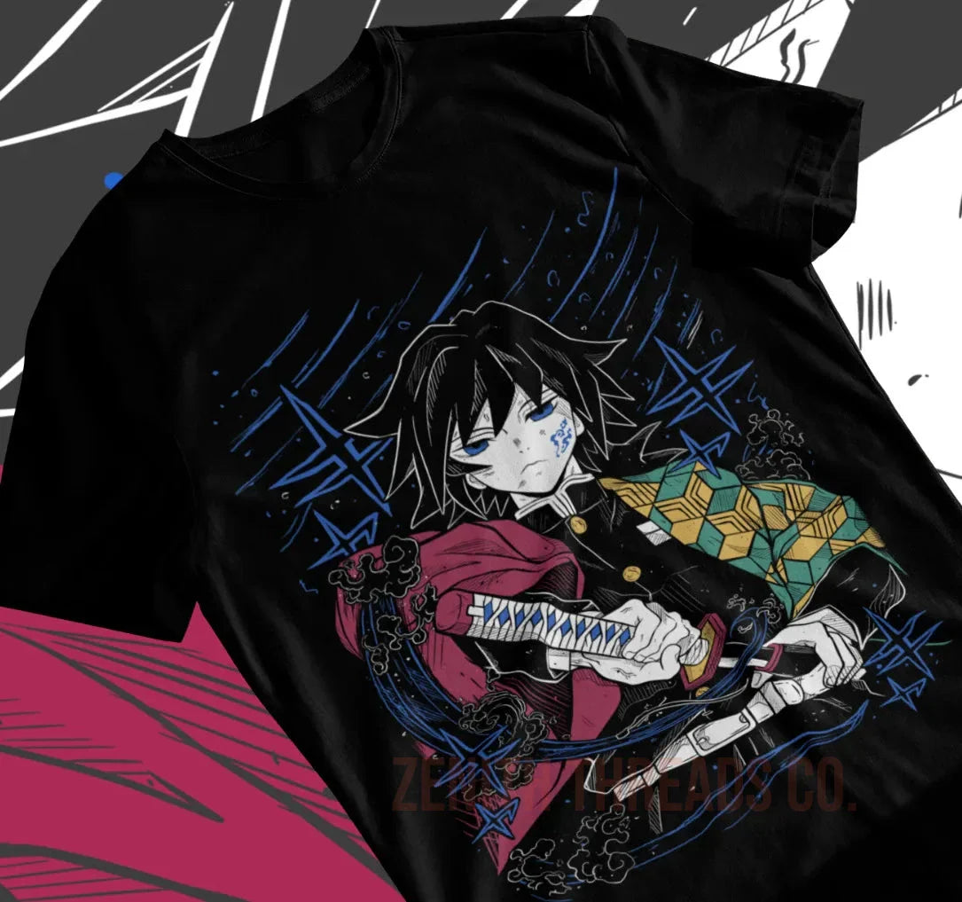 Black t-shirt featuring an anime-style character with a red scarf wielding a sword against a blue geometric background design.