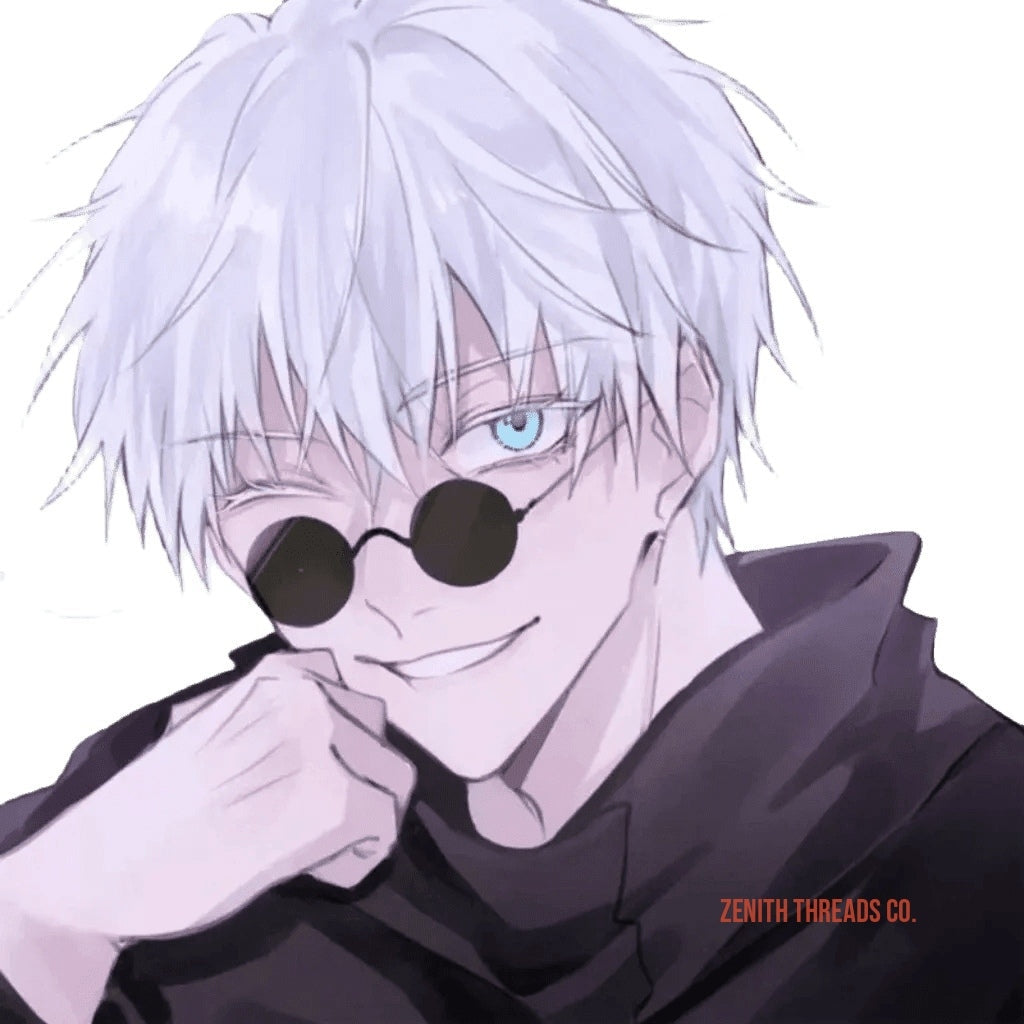 Anime-style character with white spiky hair wearing round sunglasses and a dark hoodie.