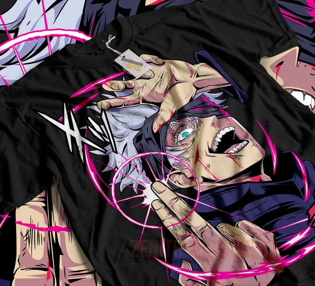 Anime-style graphic design on a black t-shirt showing an intense character with white hair and dramatic facial expression.