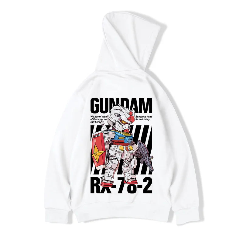 White hoodie with a Gundam RX-78-2 robot design printed on the front.