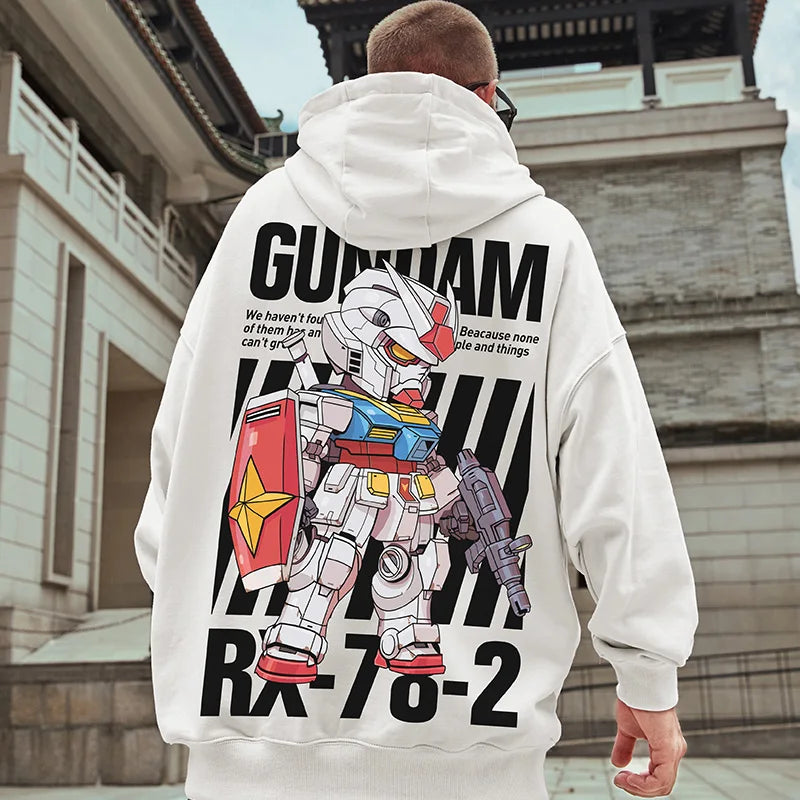 White hoodie featuring a Gundam RX-78-2 anime robot design on the back.