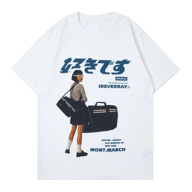 White t-shirt with Japanese text and an illustration of a person carrying luggage.