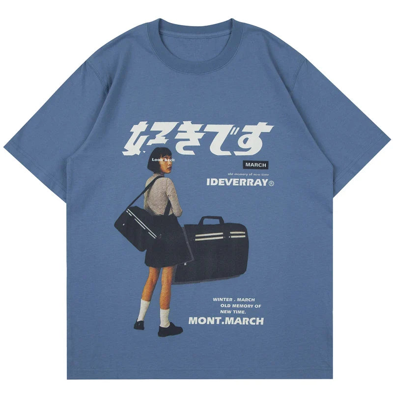 Blue t-shirt with Japanese text and retro-style graphic design featuring a student carrying bags.