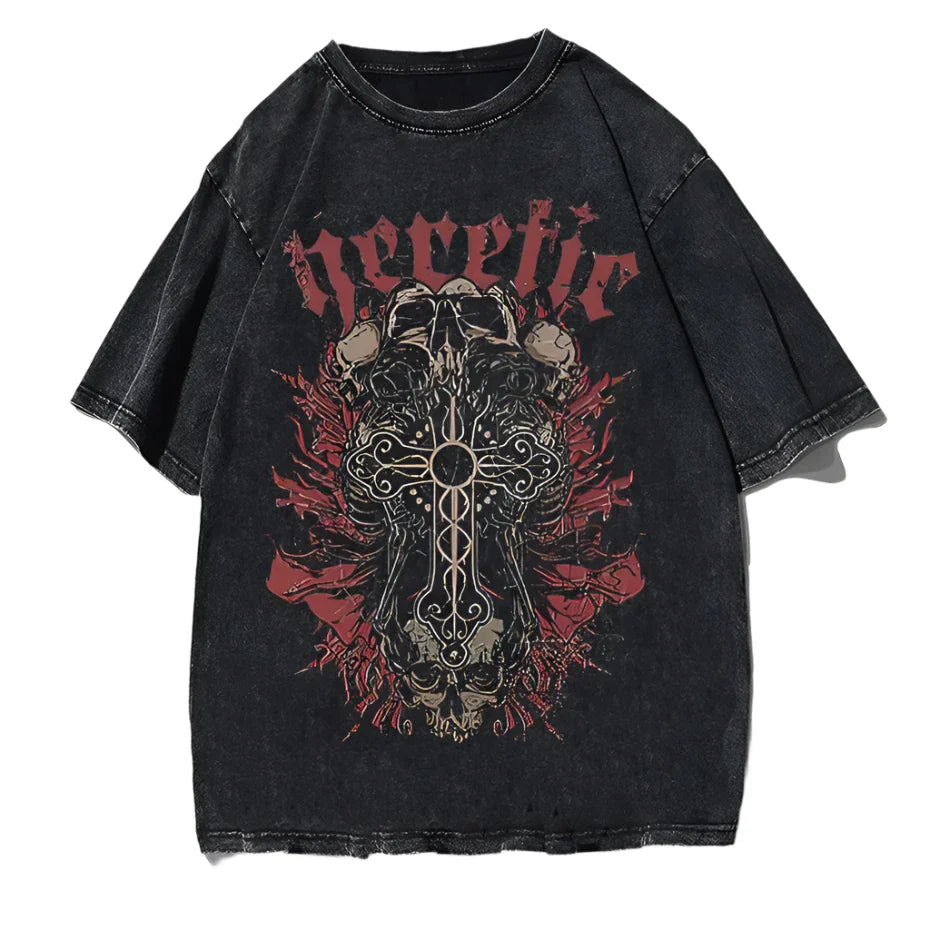 Black t-shirt featuring a gothic cross design with a skull and red lettering.