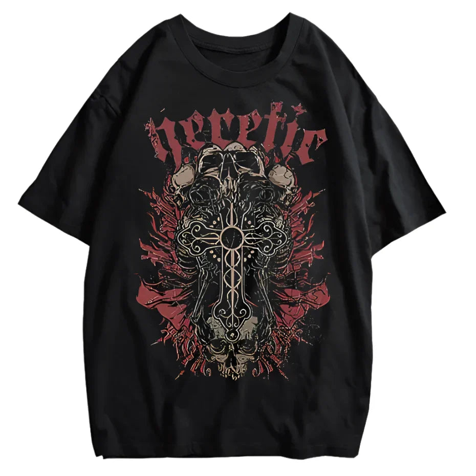 Black t-shirt featuring a gothic cross design with skull elements and red accents.