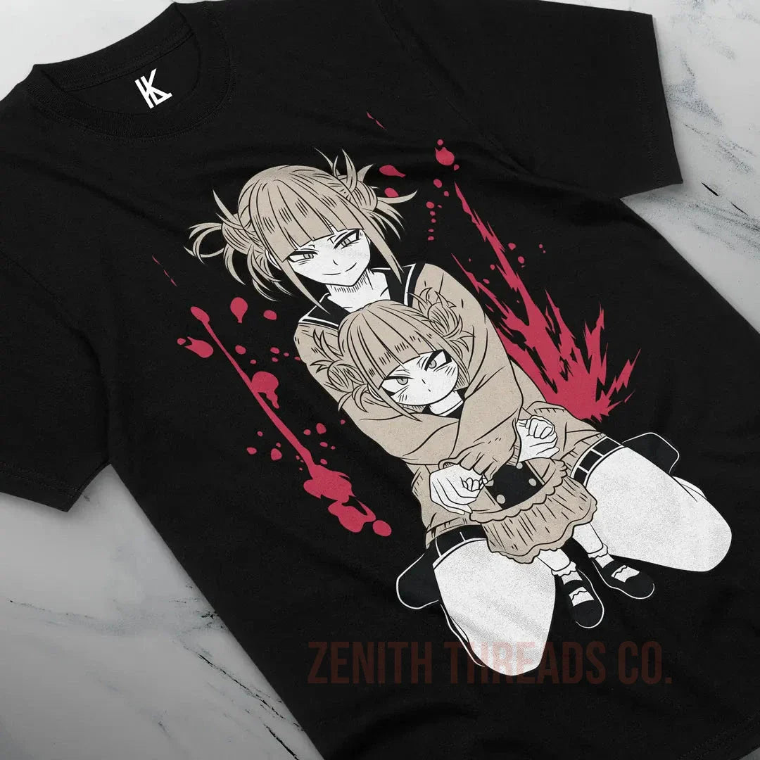 Black t-shirt featuring anime-style artwork with red splatter accents.