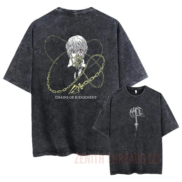 Black t-shirt with anime-style artwork featuring chains and heart designs.