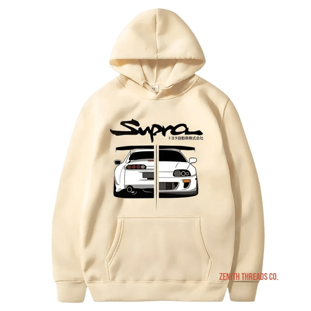 Cream-colored hoodie with a black car design and Supreme branding printed on the front.