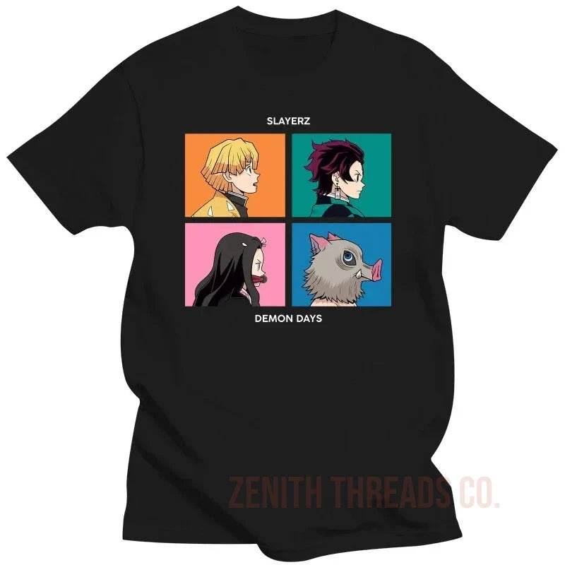 Black t-shirt featuring four anime-style character portraits in colorful squares arranged in a grid pattern.