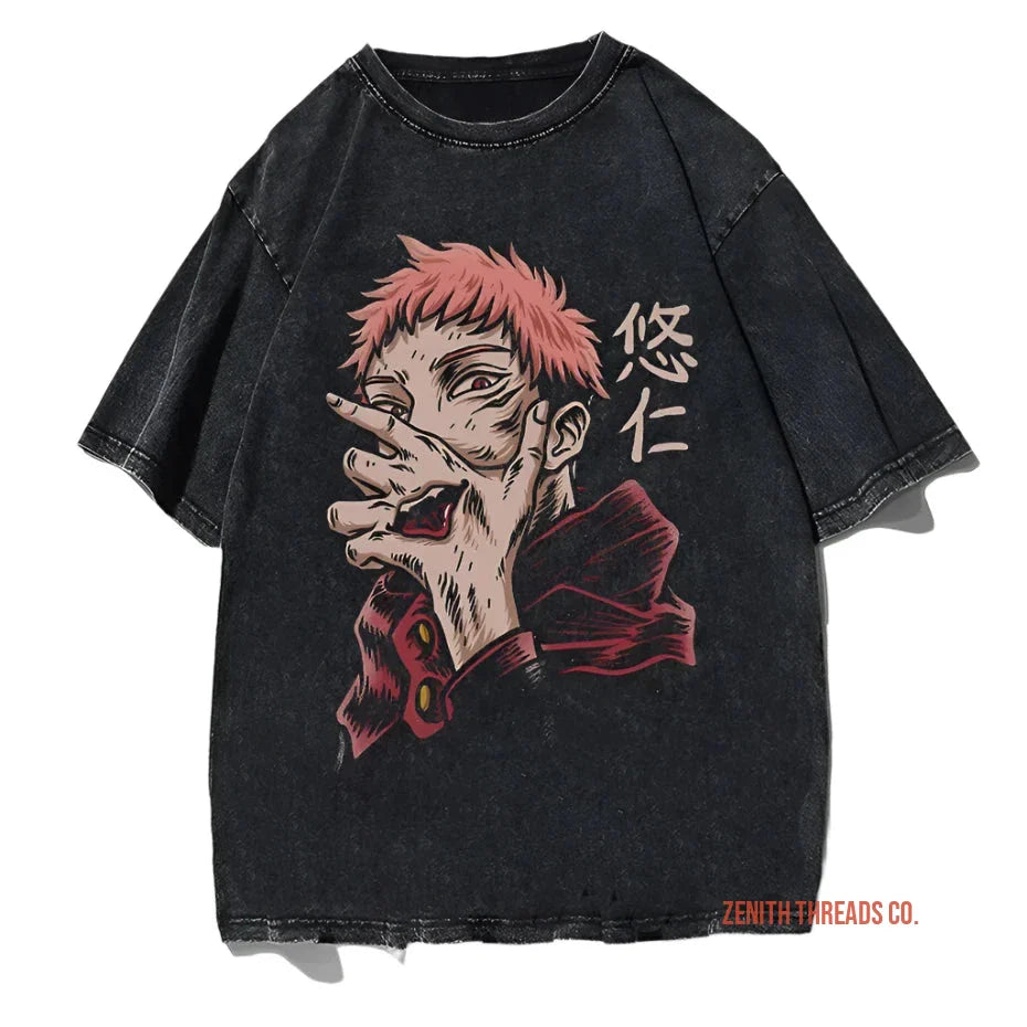 Black t-shirt featuring anime-style artwork of a character with pink hair and Japanese text.